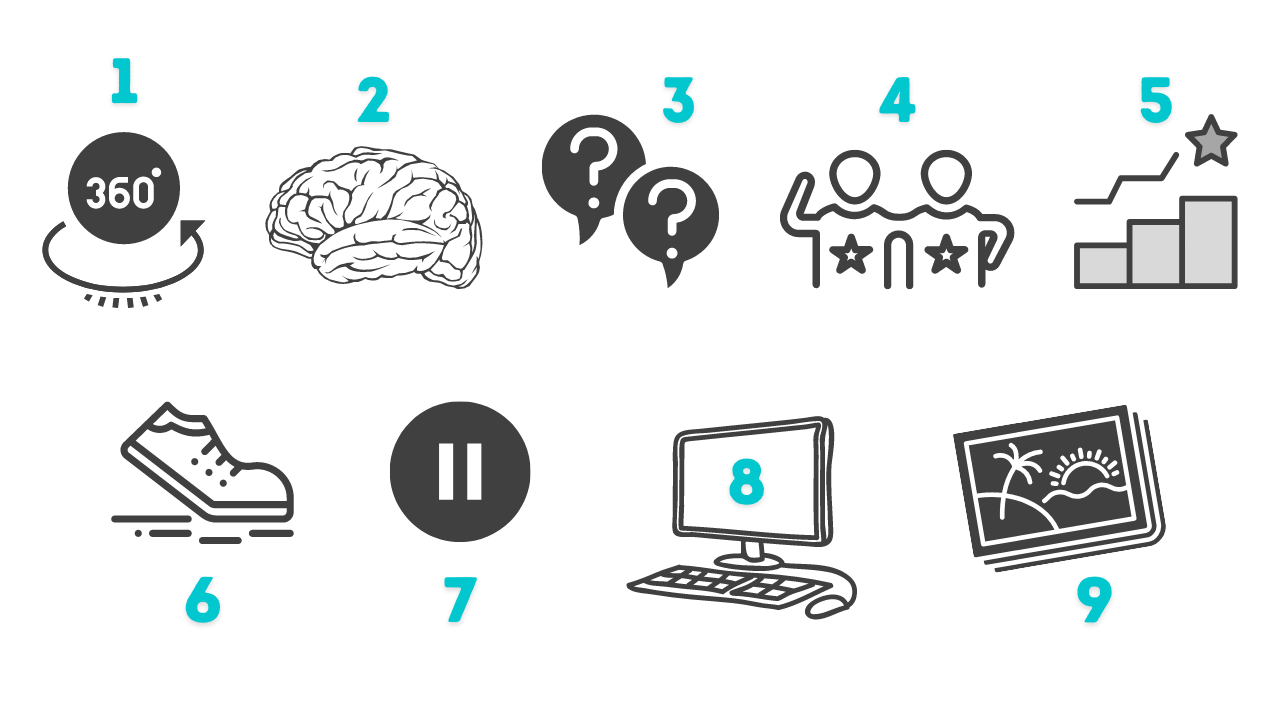 1. Change your perspective 2. Practice beginner's mind 3. Ask questions 4. Journal with a friend 5. Make it more challenging 6. Go for a walk or hike 7. Slow down and pause 8. Watch online 9. Browse holiday memories